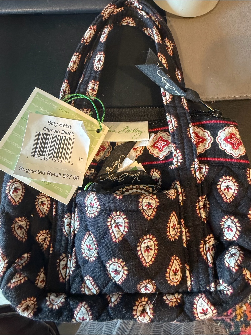 Vera Bradley Black Quilted Mini Tote with Cream and Red Paisley
